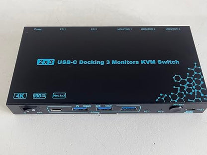 DXchip 5.91in x 3.15in x 1.18in KVMC213DH2 Manual 2-way Push Button KVM Switch USB-C 100W PD Black