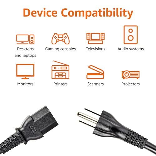 Amazon Basics 6 Feet Power Cord Model L6LAC003-DT-R 125 Volts 18 AWG 3 Prong Black