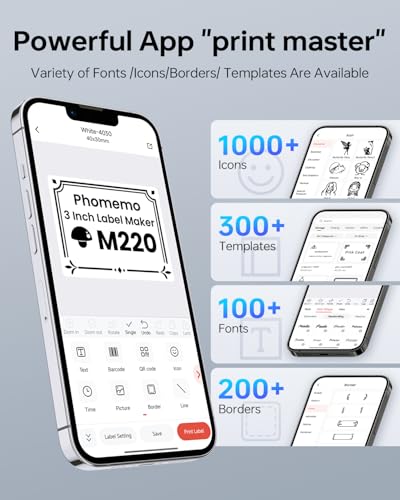 Phomemo M220 Thermal Label Printer, 203 x 203 DPI, Monochrome, Bluetooth & USB Connectivity, Portable Thermal Printer