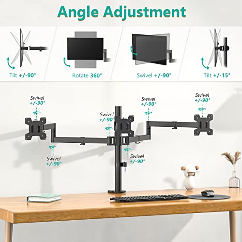 WALI M003S Triple Monitor Mount, Tabletop Mount, 13-27 inch Monitor, 22 lbs Capacity, Metal, Black