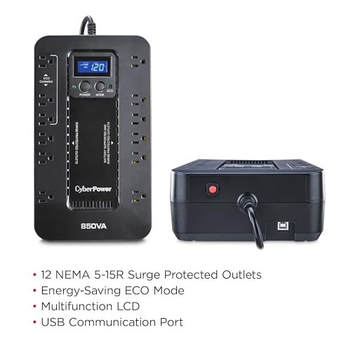 CyberPower 850VA EC850LCD Energy Star Certified UPS System, 510 Watts, Compact, Plastic Enclosure, 120V Input, UL Certified