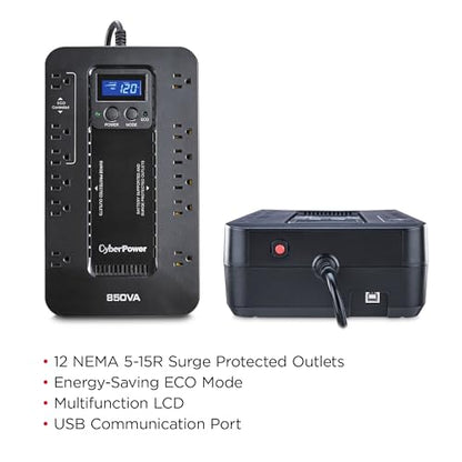 CyberPower 850VA EC850LCD Energy Star Certified UPS System, 510 Watts, Compact, Plastic Enclosure, 120V Input, UL Certified