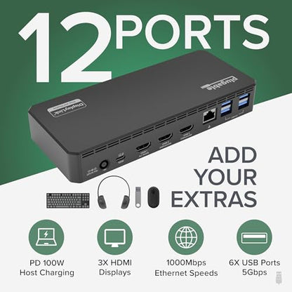 Plugable 7.87" x 3.3" x 1.2" UD-3900PDZ USB Type C Docking Station | 100W Charging, 3x HDMI (1x 4K 30Hz, 2x 1080p 60Hz), 9 Ports | Compatible with Windows, ChromeOS, macOS 11+ | Black