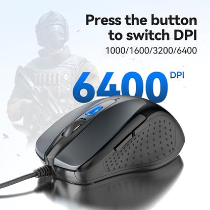 TECKNET 6-Button USB Wired Mouse TK-EMS014 2000 DPI Plug and Play Optical Mouse