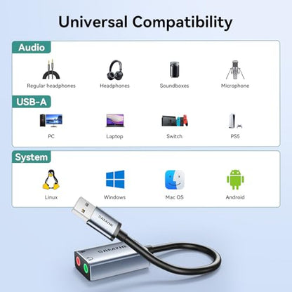 SAMZHE AYP20 USB to Audio Jack Adapter Compatible with Windows, Mac, Linux, PS4, PS5