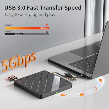 Alxum External CD/DVD Drive 7.4in x 5.9in x 1in USB 3.0 Black Model B36-Y