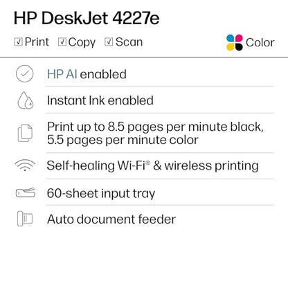 HP DeskJet 4227e Inkjet Printer, Scanner, Copier, 4800 x 1200 DPI, Non-Duplex, 1 Tray