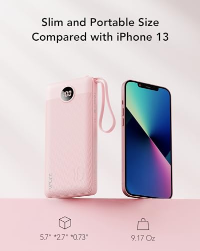 VRURC 10000mAh Portable Charger T1116 Slim Travel Power Bank with Built-in Cables, USB Type-C/USB-A/Micro for iPhone Cables