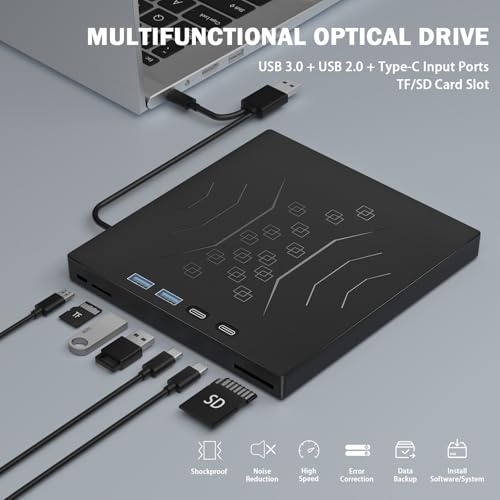 Wbacon 7 in 1 External DVD Drive USB 3.0 Type-C Lightweight Portable