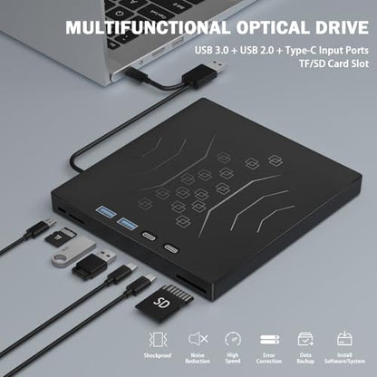 Wbacon 7 in 1 External DVD Drive USB 3.0 Type-C Lightweight Portable