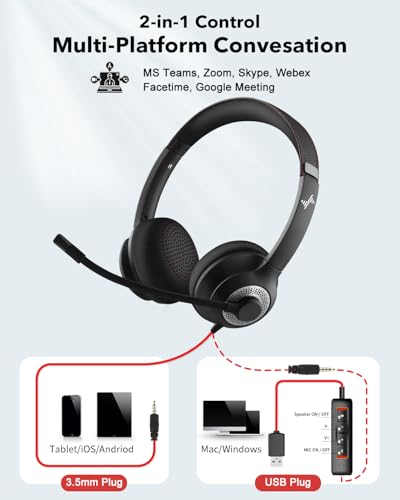 JIAMQISHI EH01 USB+3.5mm Wired Headset, 32 Ohm, Dynamic Driver, Touch Control, Active Noise Cancellation, Volume Control, Black