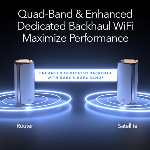 NETGEAR RBE973S Quad-Band WiFi 7 Mesh Network System, Router + 2 Satellite Extenders, Up to 27Gbps, Covers 10,000 sq. ft.