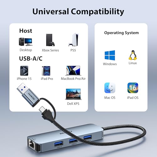 BENFEI USB-C to Gigabit Ethernet Adapter 000386grey 5Gbps Hub 3 Ports Silver Adapter