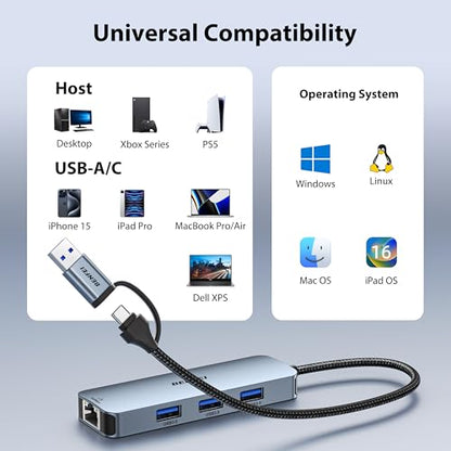 BENFEI USB-C to Gigabit Ethernet Adapter 000386grey 5Gbps Hub 3 Ports Silver Adapter