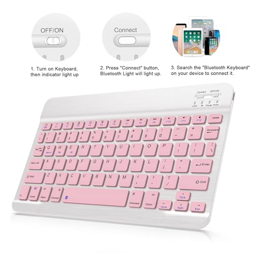 LOOBOAKY Wireless Keyboard QWERTY 78 Keys Pink Ergonomic Bluetooth Rechargeable for Tablets