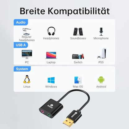 Biaze USB to 3.5mm Audio Adapter Y23-US 2 Ports No Plug External Sound Card A-Black
