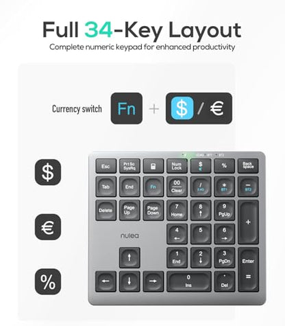 Nulea Portable Numeric Keyboard NUP34BT Bluetooth 5.0 Ergonomic USB-C Rechargeable QWERTY