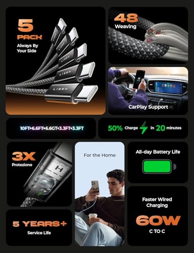LISEN USB C to USB C Cable 5-Pack 60W 480Mbps Male-to-Male Black