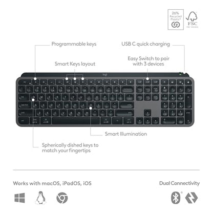 Logitech MX Keys S Wireless Keyboard 104 Keys Bluetooth Single Color Battery Powered QWERTY Graphite