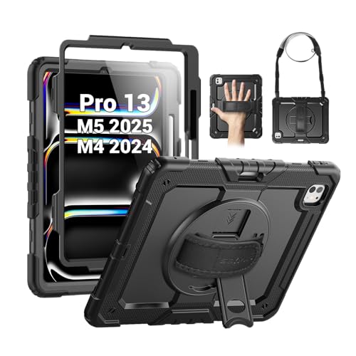 SEYMAC Case for iPad Pro 13 Inch 2024/2025 (Model: A2925/A2926/A3007), Heavy Duty Protective Case with Built-in Screen Protector, Kickstand, Hand/Shoulder Straps