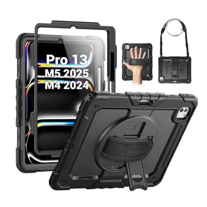 SEYMAC Case for iPad Pro 13 Inch 2024/2025 (Model: A2925/A2926/A3007), Heavy Duty Protective Case with Built-in Screen Protector, Kickstand, Hand/Shoulder Straps