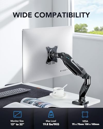 HUANUO 17-27 Inch HNSS6 Adjustable Monitor Arm - Tabletop Mount - 360° Rotation - 85° Tilt - Black Alloy Steel