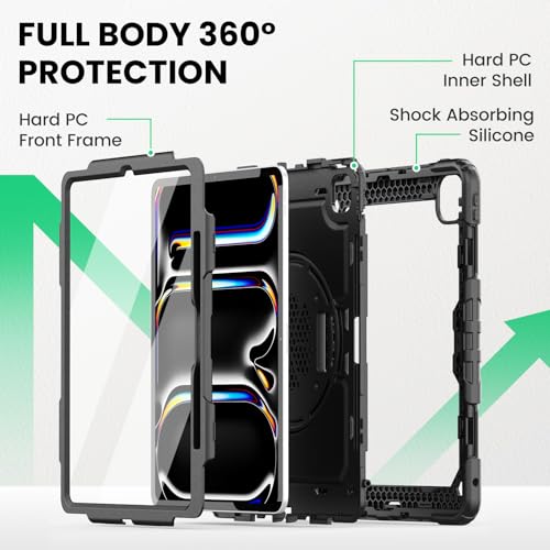 SEYMAC Case for iPad Pro 13 Inch 2024/2025 (Model: A2925/A2926/A3007), Heavy Duty Protective Case with Built-in Screen Protector, Kickstand, Hand/Shoulder Straps