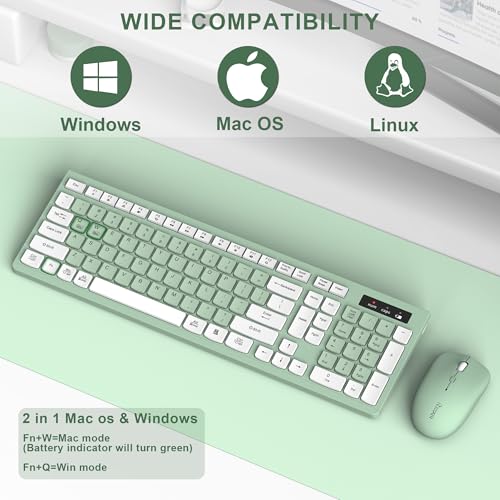 RECCAZR Full-Sized Wireless Keyboard and Mouse Combo 2.4GHz USB Receiver Light Green USB