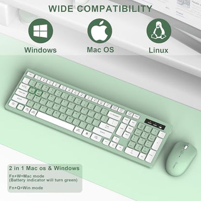 RECCAZR Full-Sized Wireless Keyboard and Mouse Combo 2.4GHz USB Receiver Light Green USB