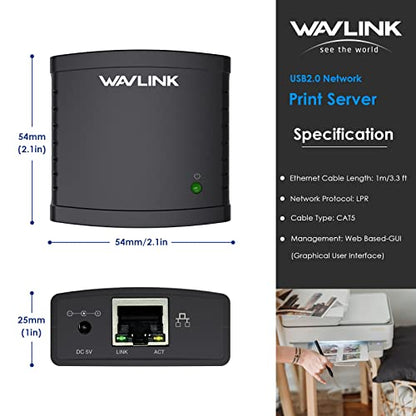 WAVLINK 8.43 x 5.87 x 2.1 inches 8.6 Ounces USB 2.0 Network Print Server LPR Print Protocol 10/100Mbps
