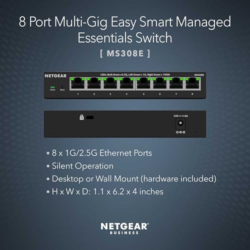NETGEAR 8-Port MS308E Easy Smart Managed Essentials Network Switch - 8 x 2.5Gbps RJ45 Ports, Metal Case, 14.4 ounces