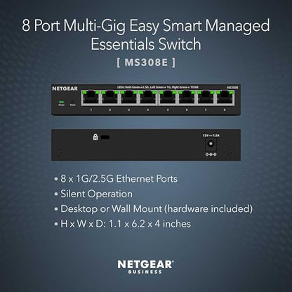 NETGEAR 8-Port MS308E Easy Smart Managed Essentials Network Switch - 8 x 2.5Gbps RJ45 Ports, Metal Case, 14.4 ounces