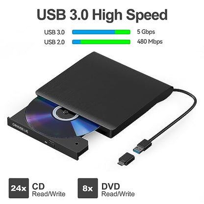 ORIGBELIE Portable External CD/DVD Drive BT524 USB 3.0 24x CD 8x DVD