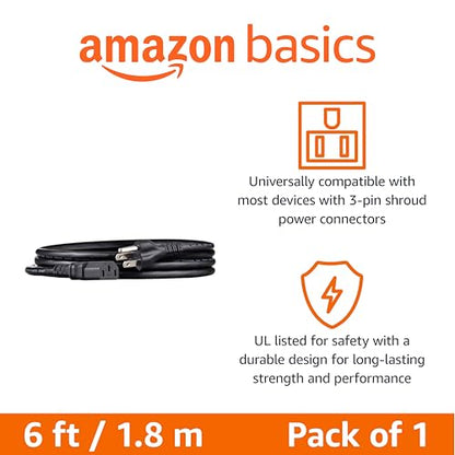 Amazon Basics 6 Feet Power Cord Model L6LAC003-DT-R 125 Volts 18 AWG 3 Prong Black