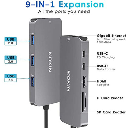 MOKiN UC0501 Ethernet USB Hub 9 Ports Aluminum Gray