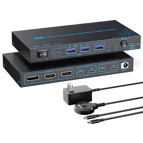 DXchip 5.91in x 3.15in x 1.18in KVMC213DH2 Manual 2-way Push Button KVM Switch USB-C 100W PD Black