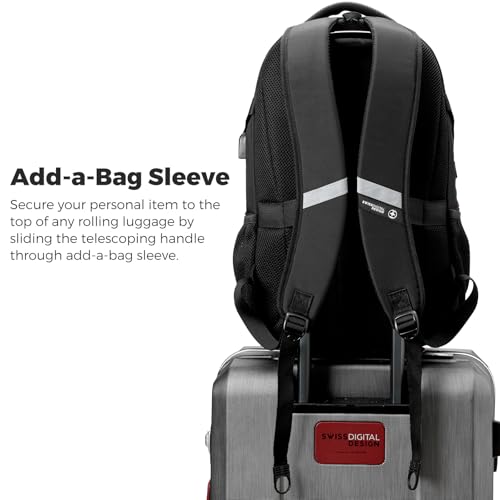 Swissdigital Black Laptop Backpack for Adults, Model SD803-01, Fits 15.6" Devices, 31L Capacity