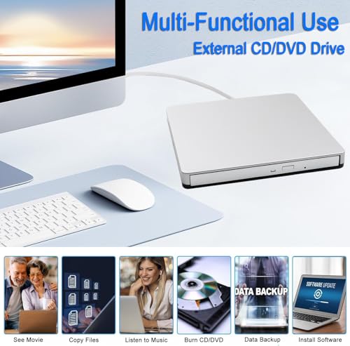 VikTck External USB 3.0 DVD CD Drive VT968, 5 Gbps Data Transfer Rate, USB-C, Optical Storage Burn Speed 24x, Read Speed 3.6 MB/s