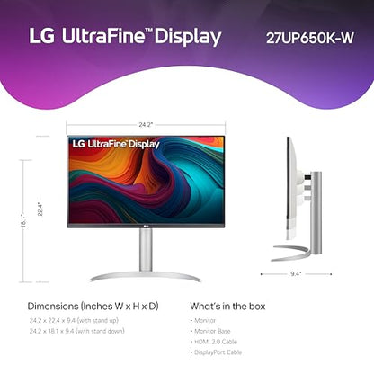 LG 27UP650K-W 27-Inch 4K UHD (3840 x 2160) IPS Monitor, 60Hz, 5ms, DisplayHDR 400, White