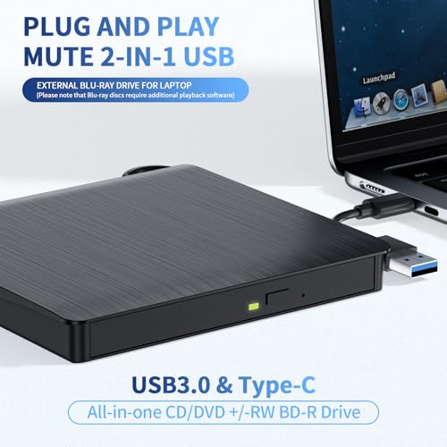 LLMHHKYK Portable External Blu-ray Drive XD021-1 USB 3.0 Type A & C Black