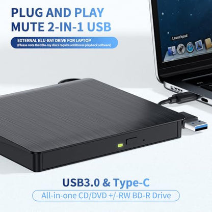 LLMHHKYK Portable External Blu-ray Drive XD021-1 USB 3.0 Type A & C Black