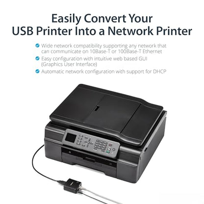 StarTech.com 1-Port USB 2.0 Network Print Server PM1115U2 10/100 Mbps TAA Compliant Wired Ethernet