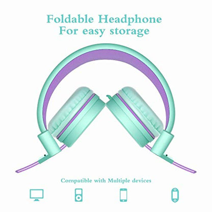 ELECDER i37 Kids Headphones - On-Ear, 3.5mm Jack, Adjustable, Foldable, Green
