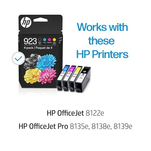 HP 923 CMYK Original Ink Cartridge 4-Pack | High Yield | Compatible with: OfficeJet 8122e, OfficeJet Pro 8135e, 8138e, 8139e