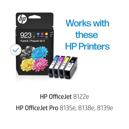 HP 923 CMYK Original Ink Cartridge 4-Pack | High Yield | Compatible with: OfficeJet 8122e, OfficeJet Pro 8135e, 8138e, 8139e