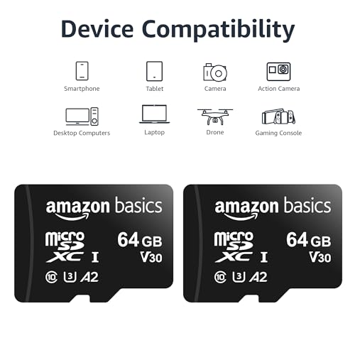 Amazon Basics 64GB microSDXC Memory Card U3 A2 Read Speed 100MB/s Black Model LSMICRO64GU3D