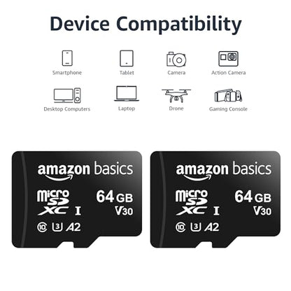 Amazon Basics 64GB microSDXC Memory Card U3 A2 Read Speed 100MB/s Black Model LSMICRO64GU3D