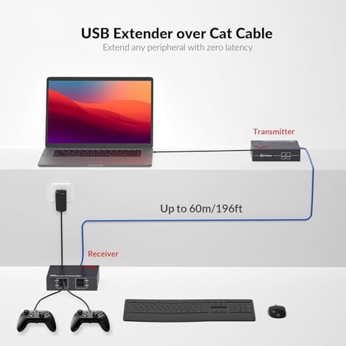 AV Access USB Over Ethernet Extender Kit, USB 2.0 480Mbps, 4-Port Hub, USB Over CAT5e/CAT6/CAT7 Up to 60m
