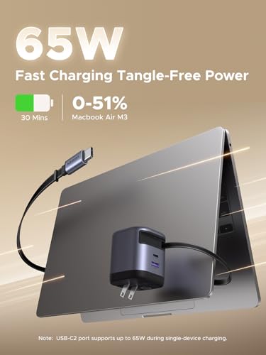 UGREEN 65W USB Type C Wall Charger with Built-in Retractable Cable, Model X605