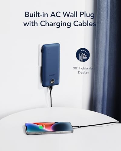VEGER 10000mAh V1115 Power Bank - Slim Design with Built-in AC Plug - 4 Port Charger - Lithium Polymer - Navy